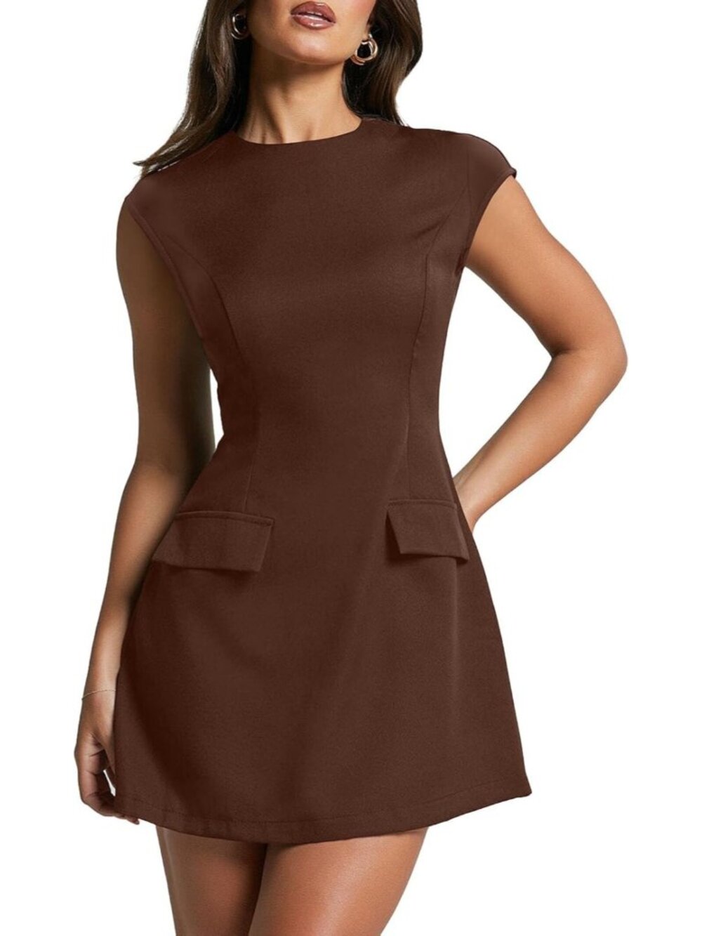 Women's Brown Cap Sleeve Mock Neck Mini Dress A-Line Flare Short Dresses